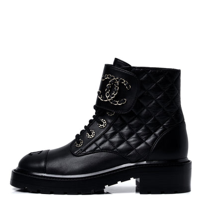 Chanel Shiny Lambskin Quilted Lace Up Combat Boots 37 Black 1 of 6