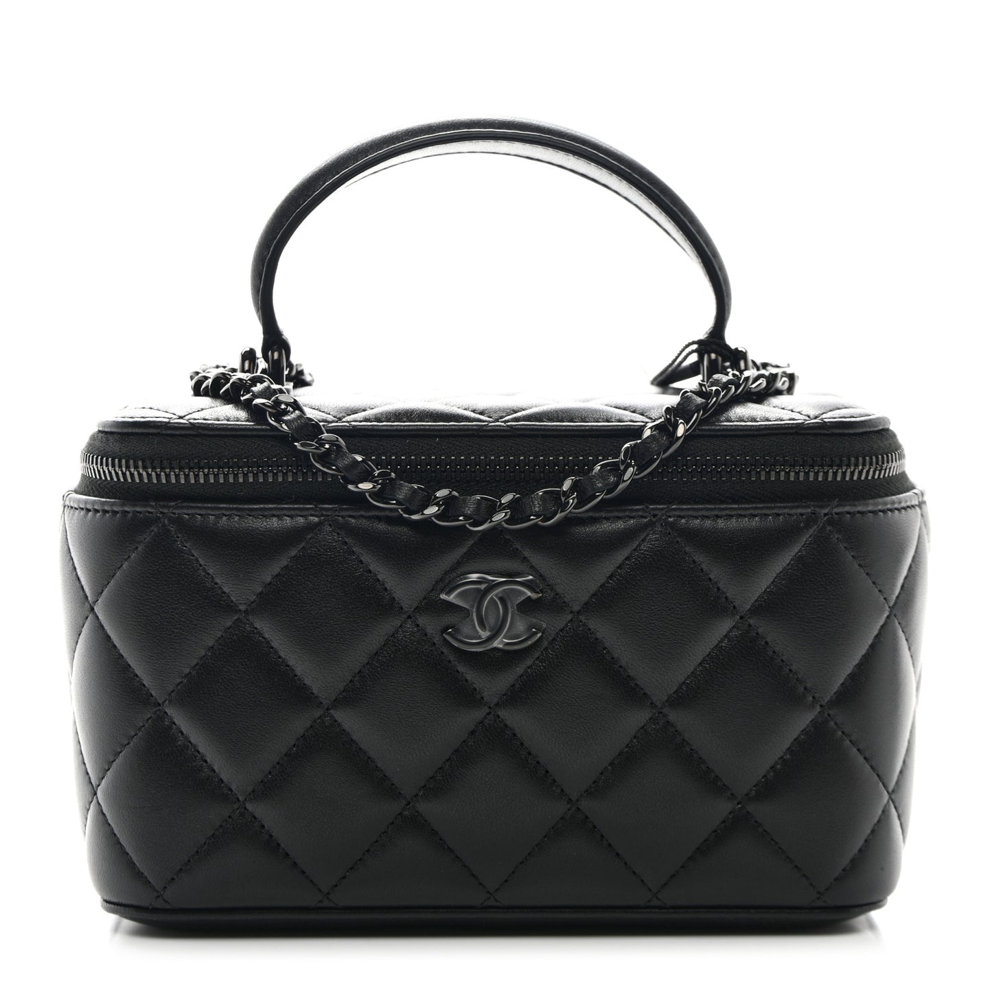 Lambskin Quilted Small Top Handle Vanity Case With Chain So Black