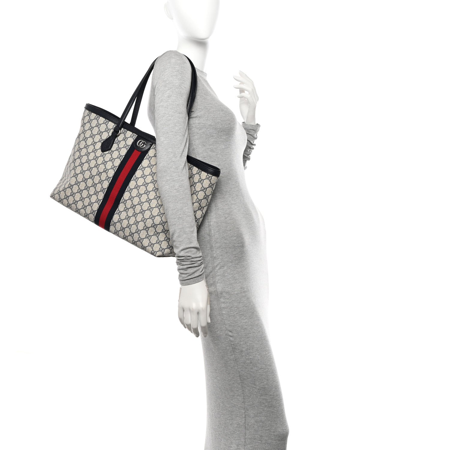 Gucci GG Supreme Monogram Textured Calfskin Web Medium Ophidia Shopping Tote Beige Blue 2 of 11