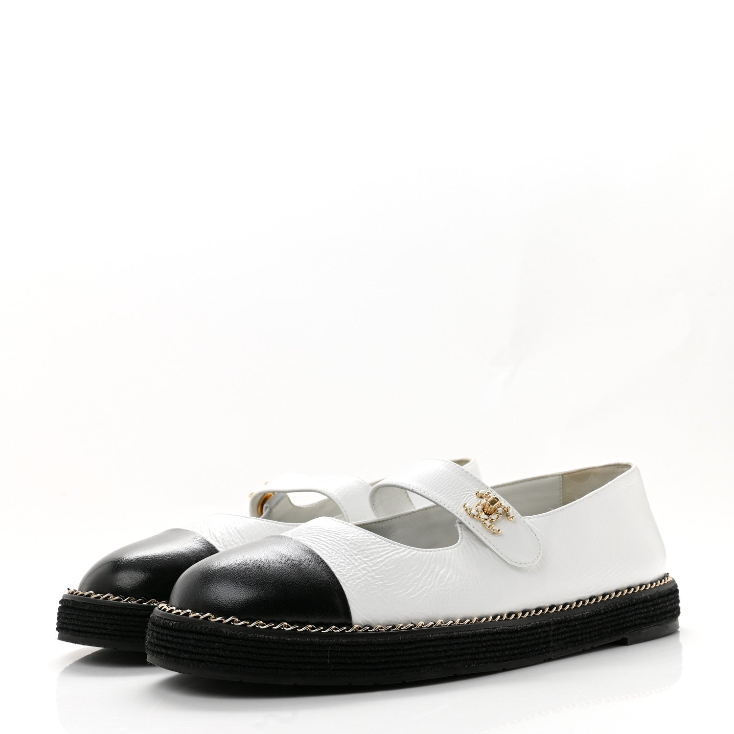 Chanel Crumpled Lambskin Cap Toe Chain CC Turnlock Mary Jane Flats 40 White Black 4 of 12