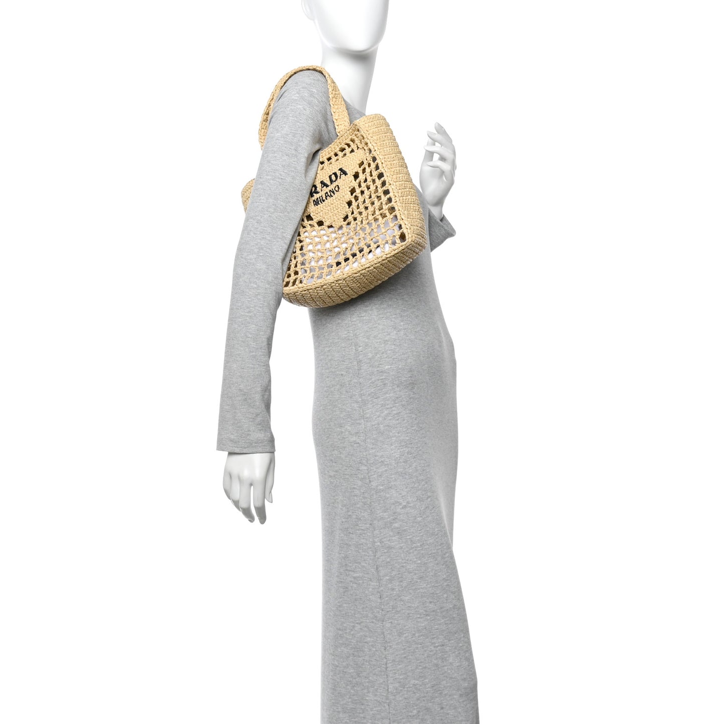 Yarn Raffia Effect Crochet Logo Embroidered Small Tote Bag Naturale