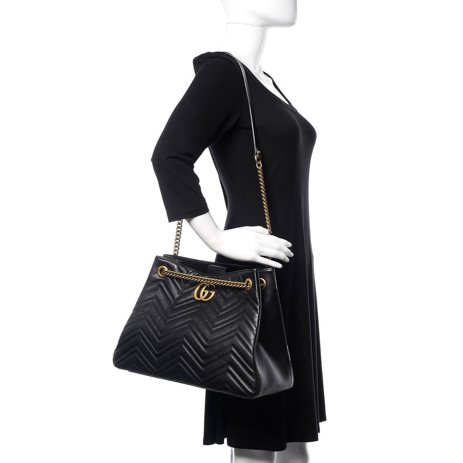 Gucci Calfskin Matelasse Medium GG Marmont Shoulder Tote Bag Black 2 of 16