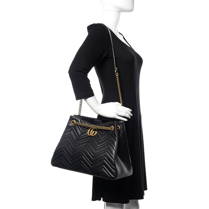 Gucci Calfskin Matelasse Medium GG Marmont Shoulder Tote Bag Black 2 of 16