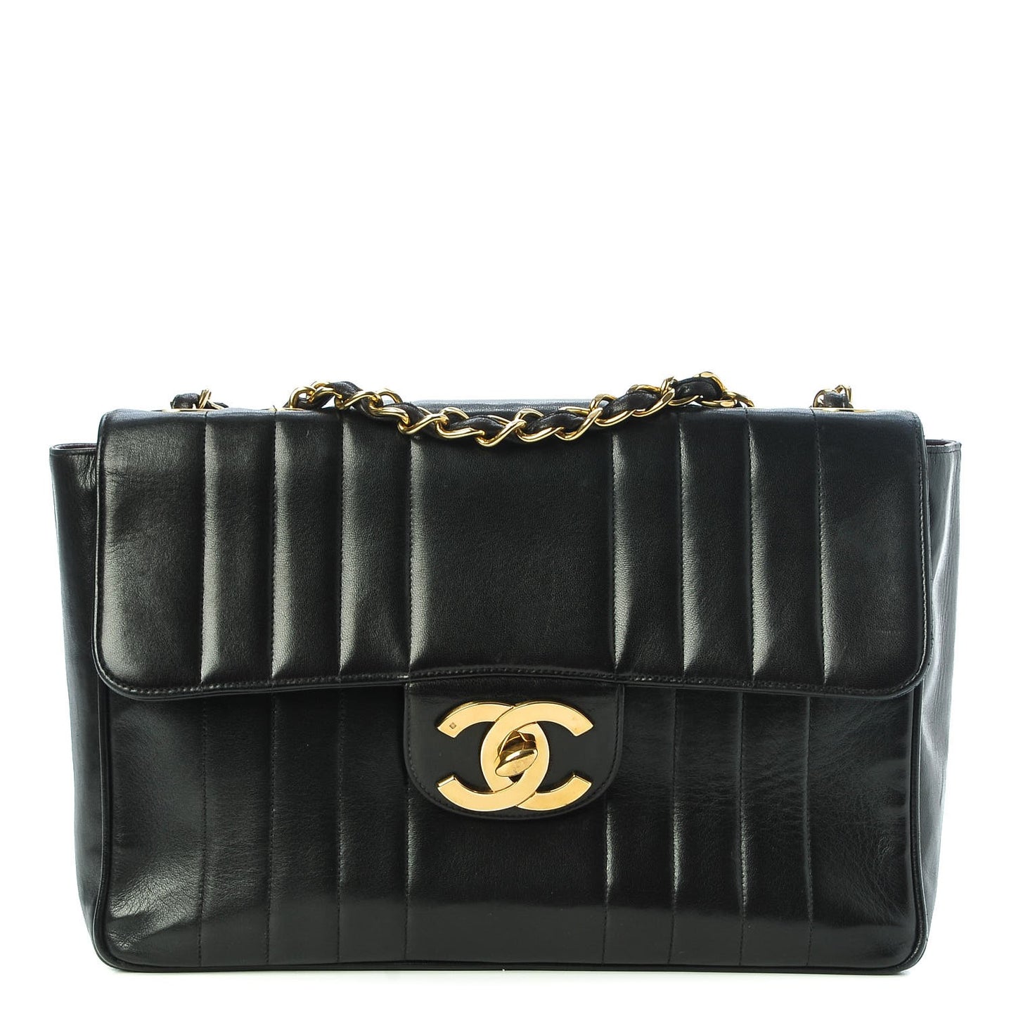Lambskin Vertical Quilt Jumbo Single Flap Black