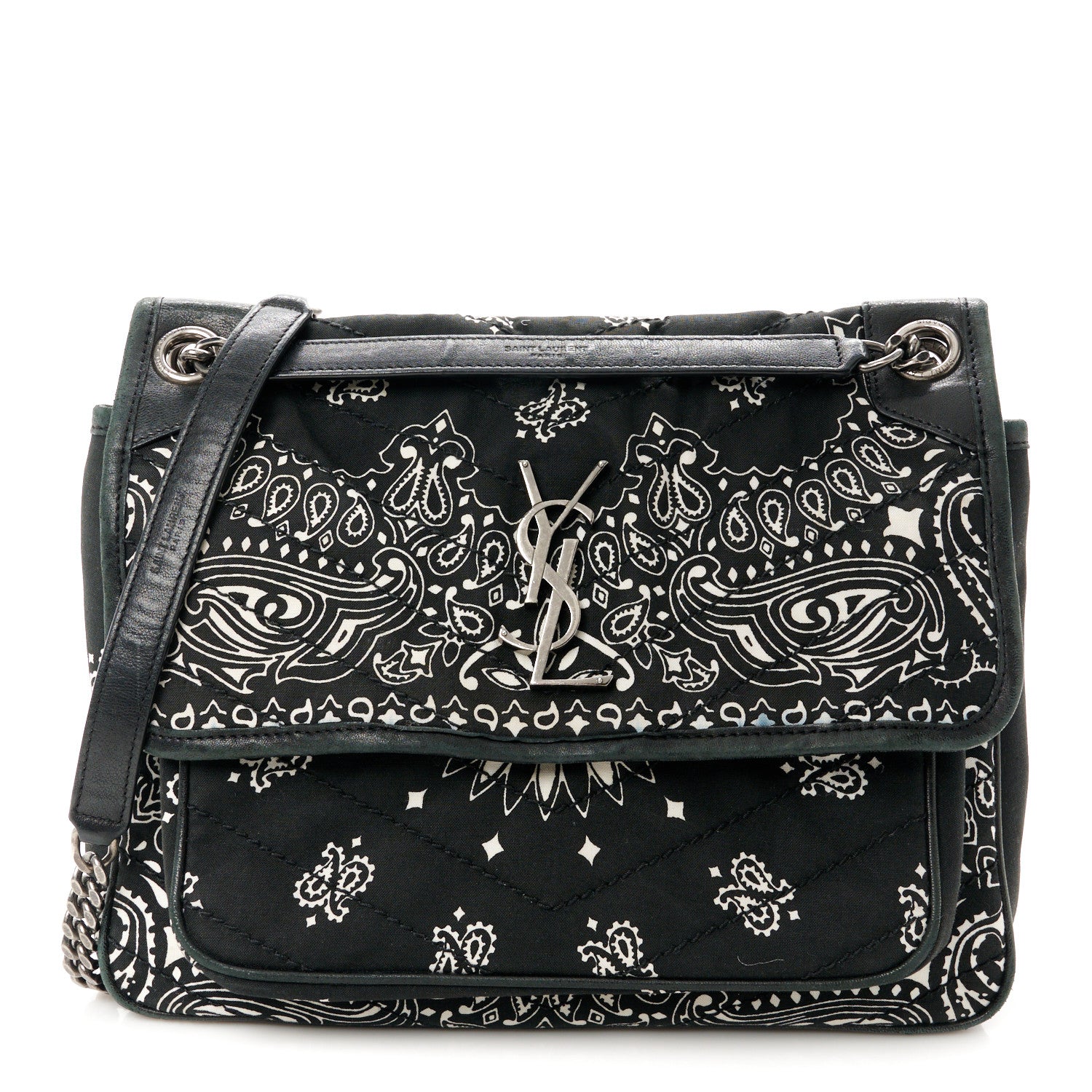 Saint Laurent Cotton Bandana Monogram Medium Niki Chain Satchel Black White 1 of 15