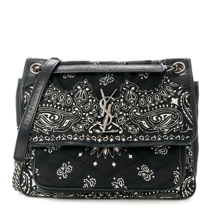 Saint Laurent Cotton Bandana Monogram Medium Niki Chain Satchel Black White 1 of 15