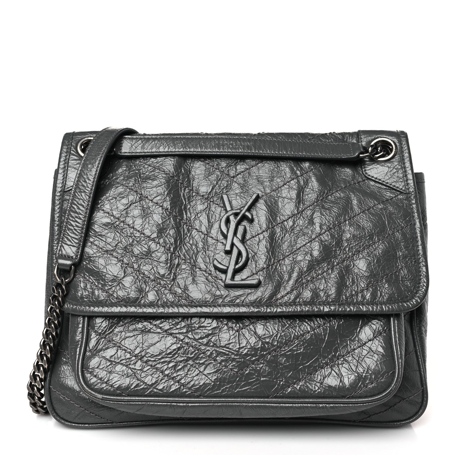 Saint Laurent Crinkled Calfskin Matelasse Monogram Medium Niki Chain Satchel Storm 1 of 10
