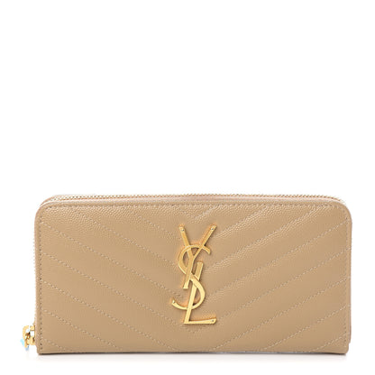 Saint Laurent Grain De Poudre Matelasse Chevron Monogram Zip Around Wallet Dark Latte 1 of 7