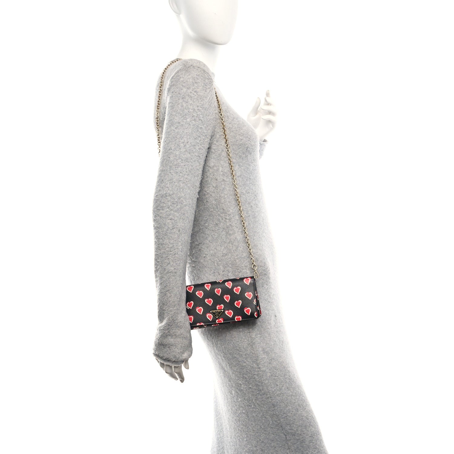 Prada Saffiano Heart Print Mini Wallet On Chain Black 2 of 10