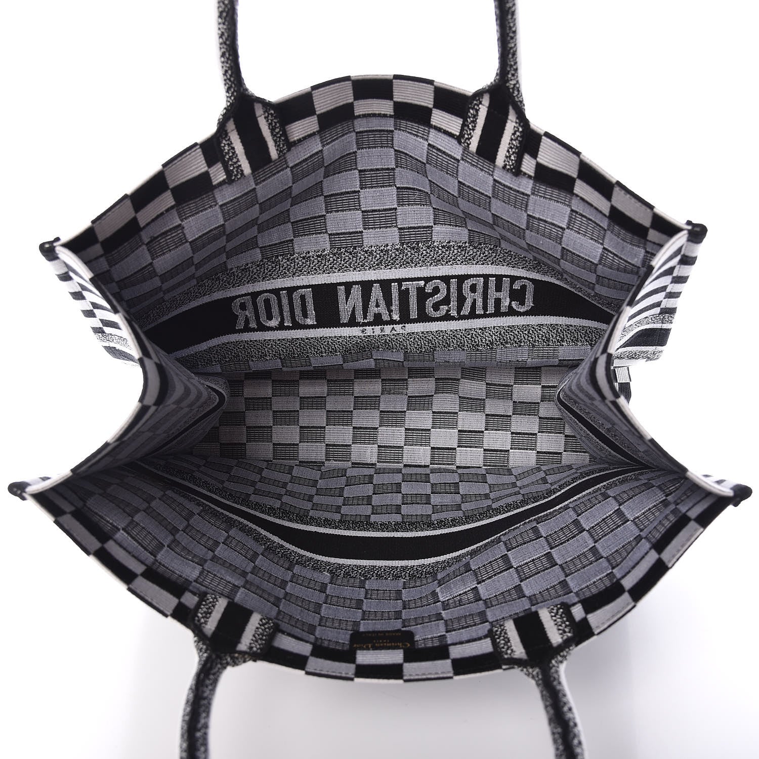 Christian Dior Canvas Embroidered Checkered Book Tote Black White 5 of 9