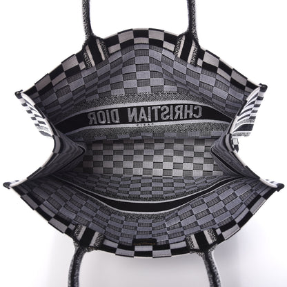 Christian Dior Canvas Embroidered Checkered Book Tote Black White 5 of 9