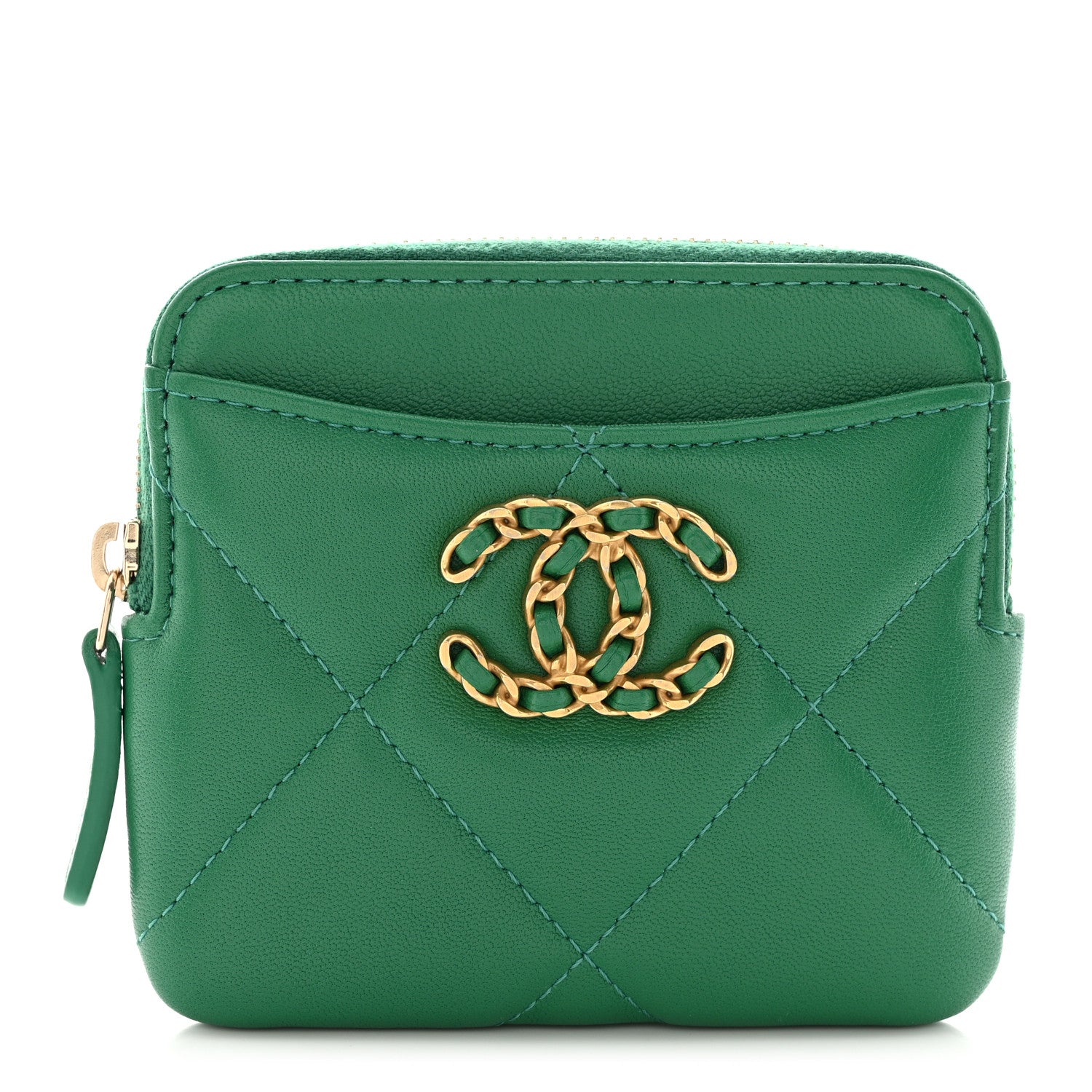 Chanel Lambskin Quilted Chanel 19 Zip Card Holder Wallet Green 1 of 8