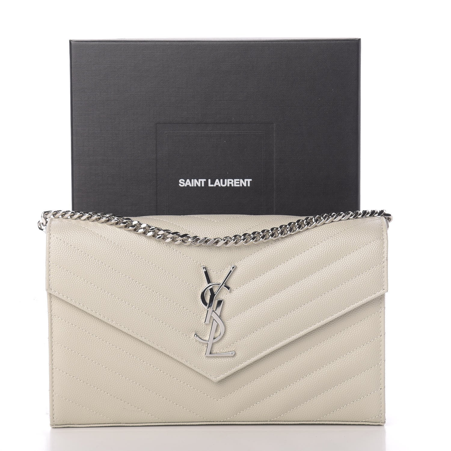 Saint Laurent Grain De Poudre Matelasse Chevron Monogram Chain Wallet Icy White 8 of 11