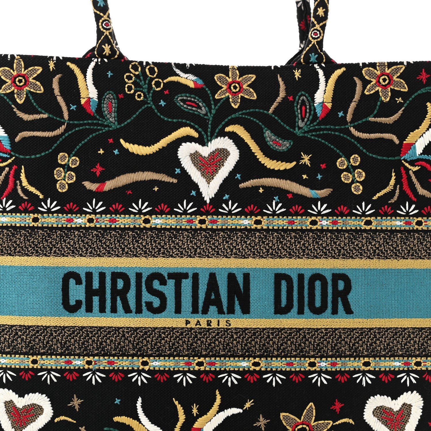 Christian Dior Canvas Embroidered Large Flowers Heart Book Tote Black Multicolor 8 of 10