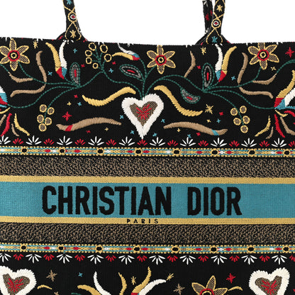 Christian Dior Canvas Embroidered Large Flowers Heart Book Tote Black Multicolor 8 of 10