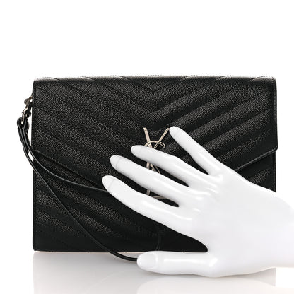 Saint Laurent Grain De Poudre Matelasse Chevron Monogram Envelope Clutch Black 2 of 10
