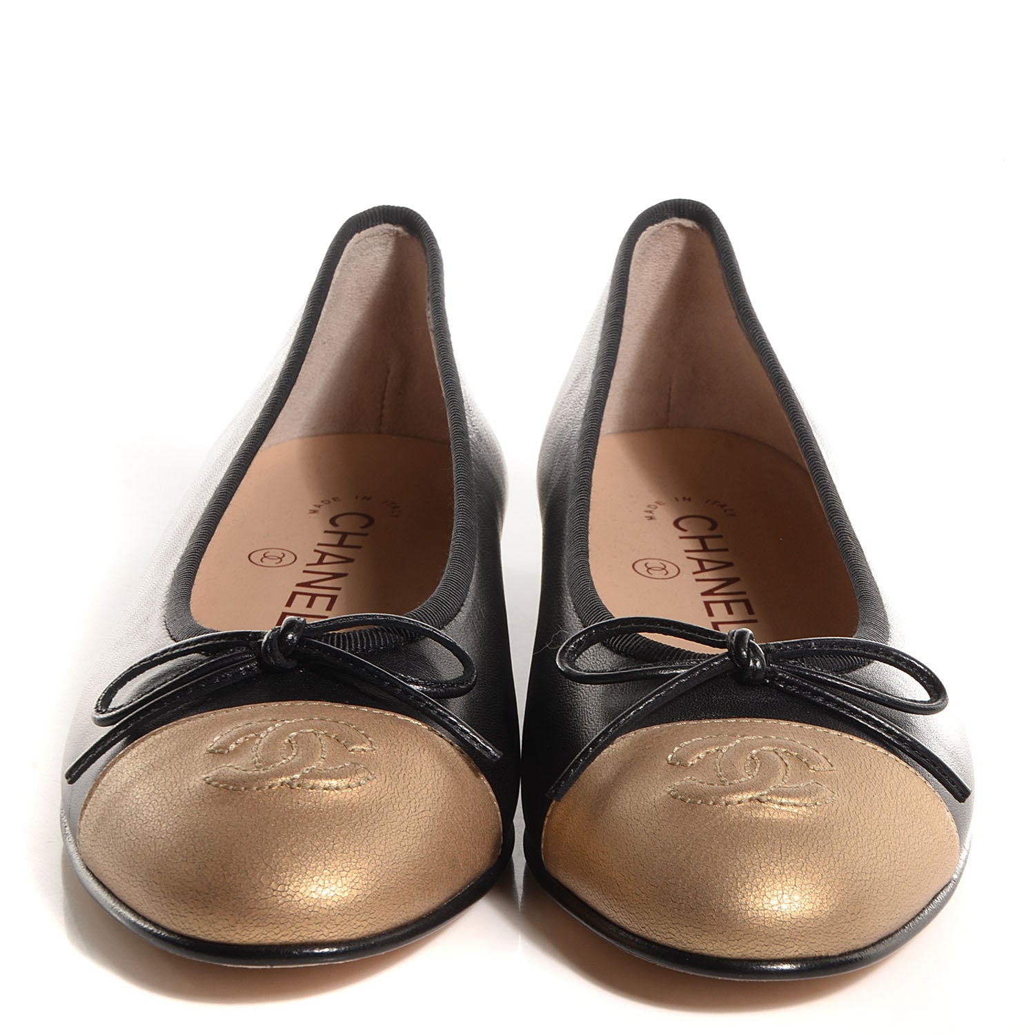 Chanel Calfskin CC Cap Toe Ballerina Flats Black Gold 37 2 of 8