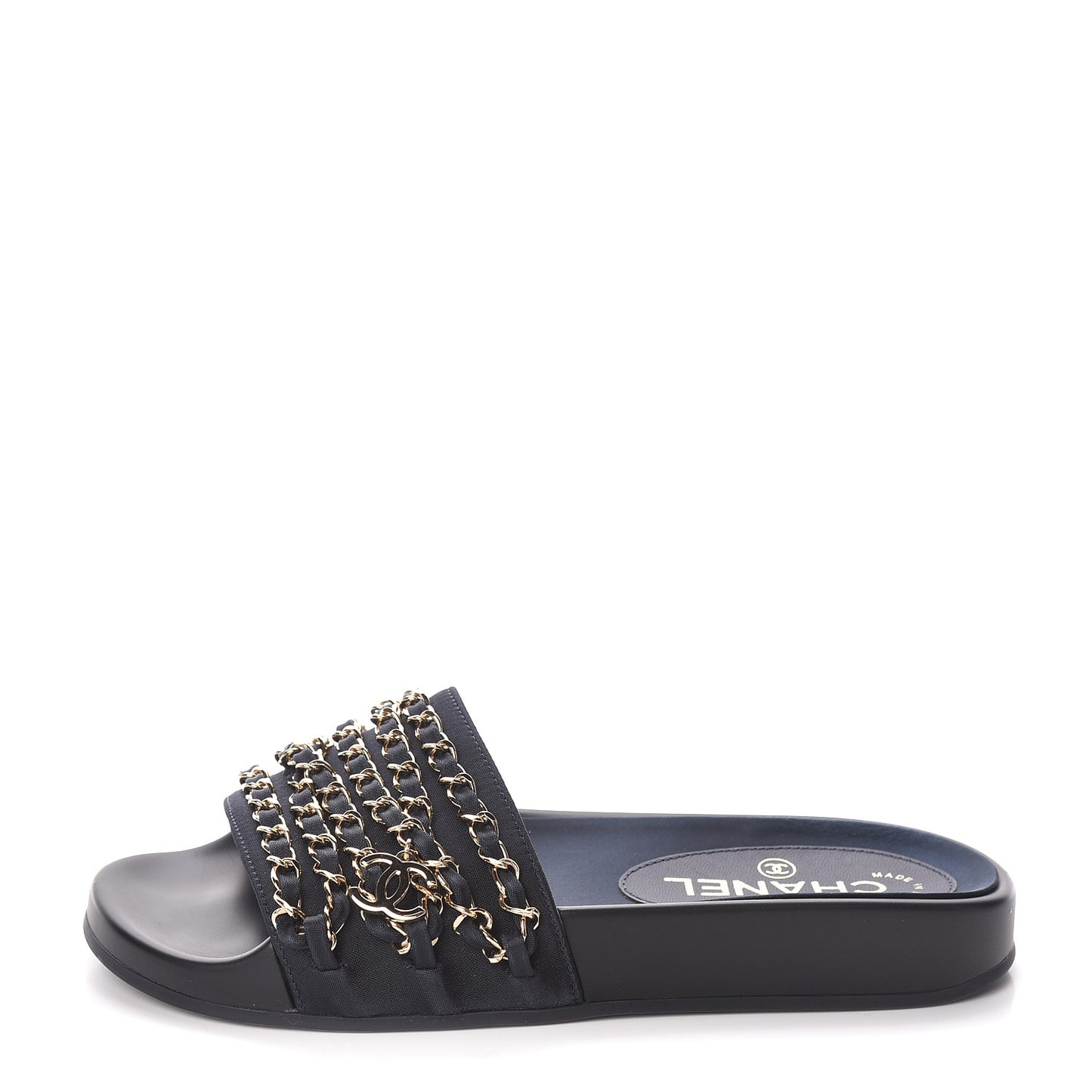 Satin Canvas Chain Slides Sandals Flats 35 Marine
