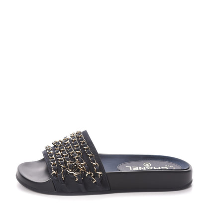 Chanel Satin Canvas Chain Slides Sandals Flats 35 Marine 1 of 8
