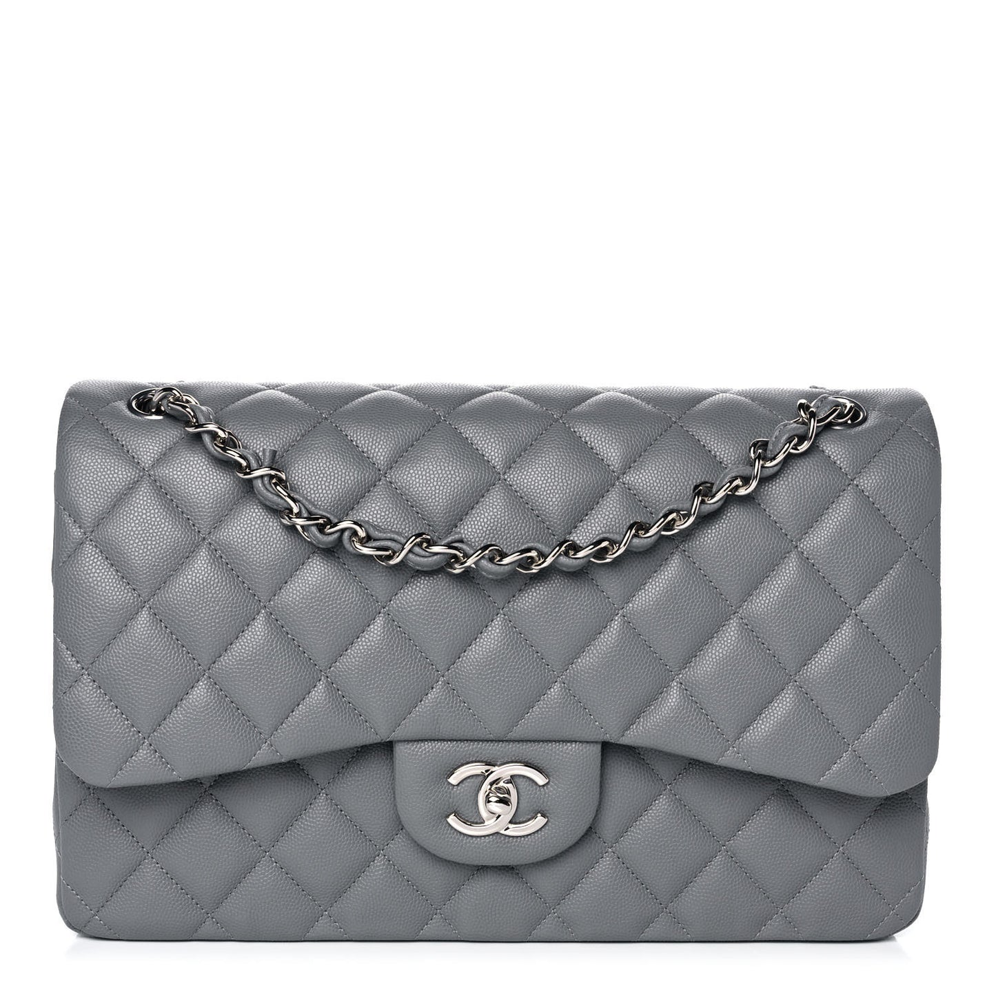 Caviar Quilted Jumbo Double Flap Grey