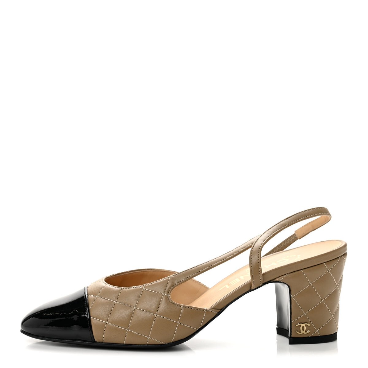 Lambskin Patent Calfskin Quilted Cap Toe CC Slingback Pumps 37.5 Beige Black