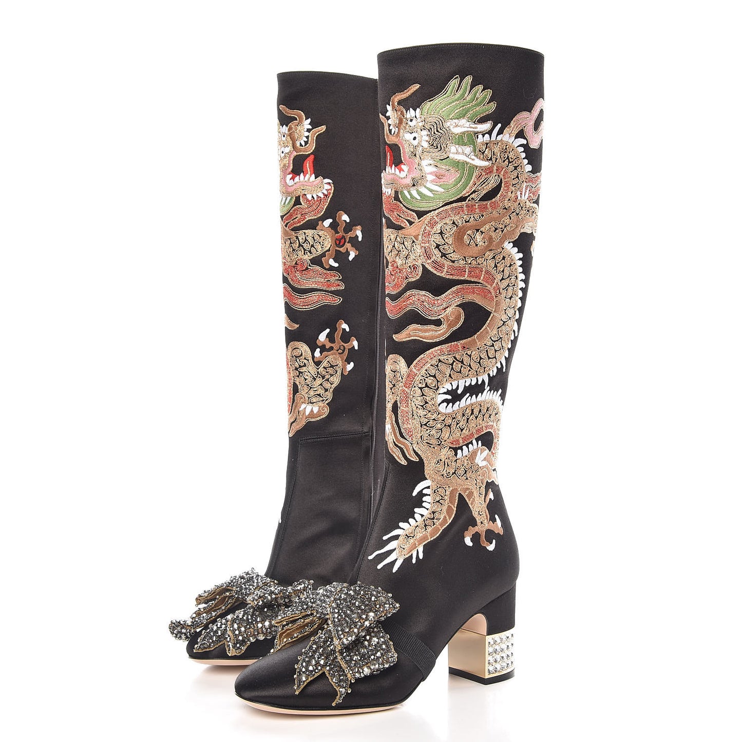 Silk Satin Malaga Kid Embroidered Candy Dragon Block-Heel Knee Boot 36 Black