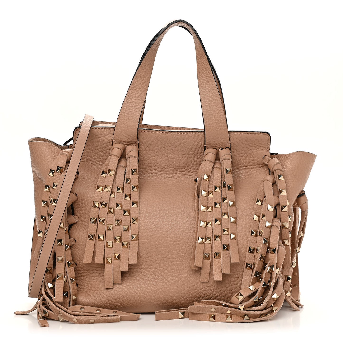 Grained Calfskin Small Rockstud C-Rockee Fringe Tote Poudre
