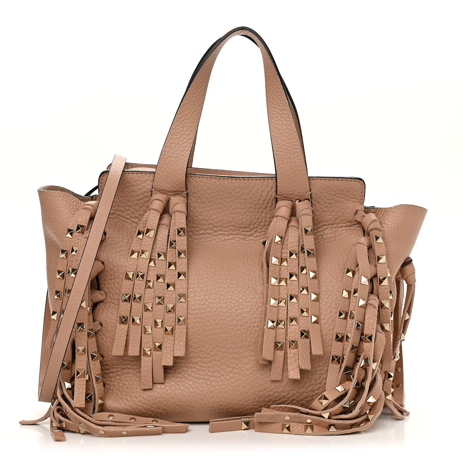 Valentino Garavani Grained Calfskin Small Rockstud C-Rockee Fringe Tote Poudre 1 of 10
