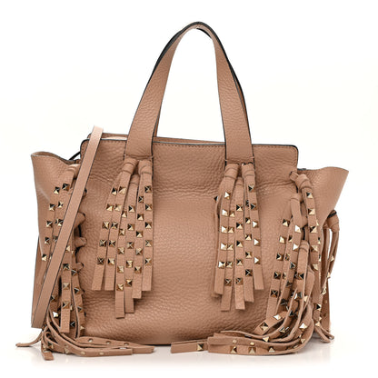 Valentino Garavani Grained Calfskin Small Rockstud C-Rockee Fringe Tote Poudre 1 of 10