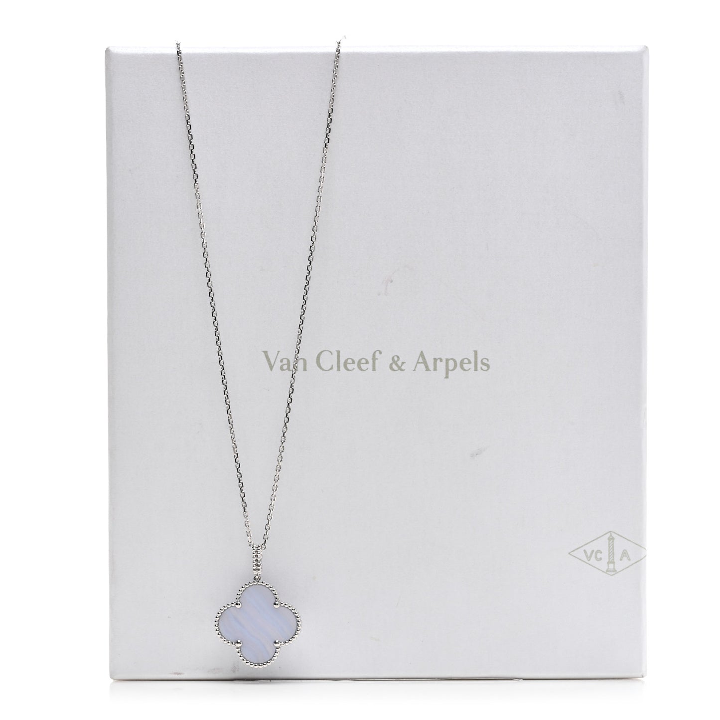 18K White Gold Chalcedony Magic Alhambra Pendant Long Necklace