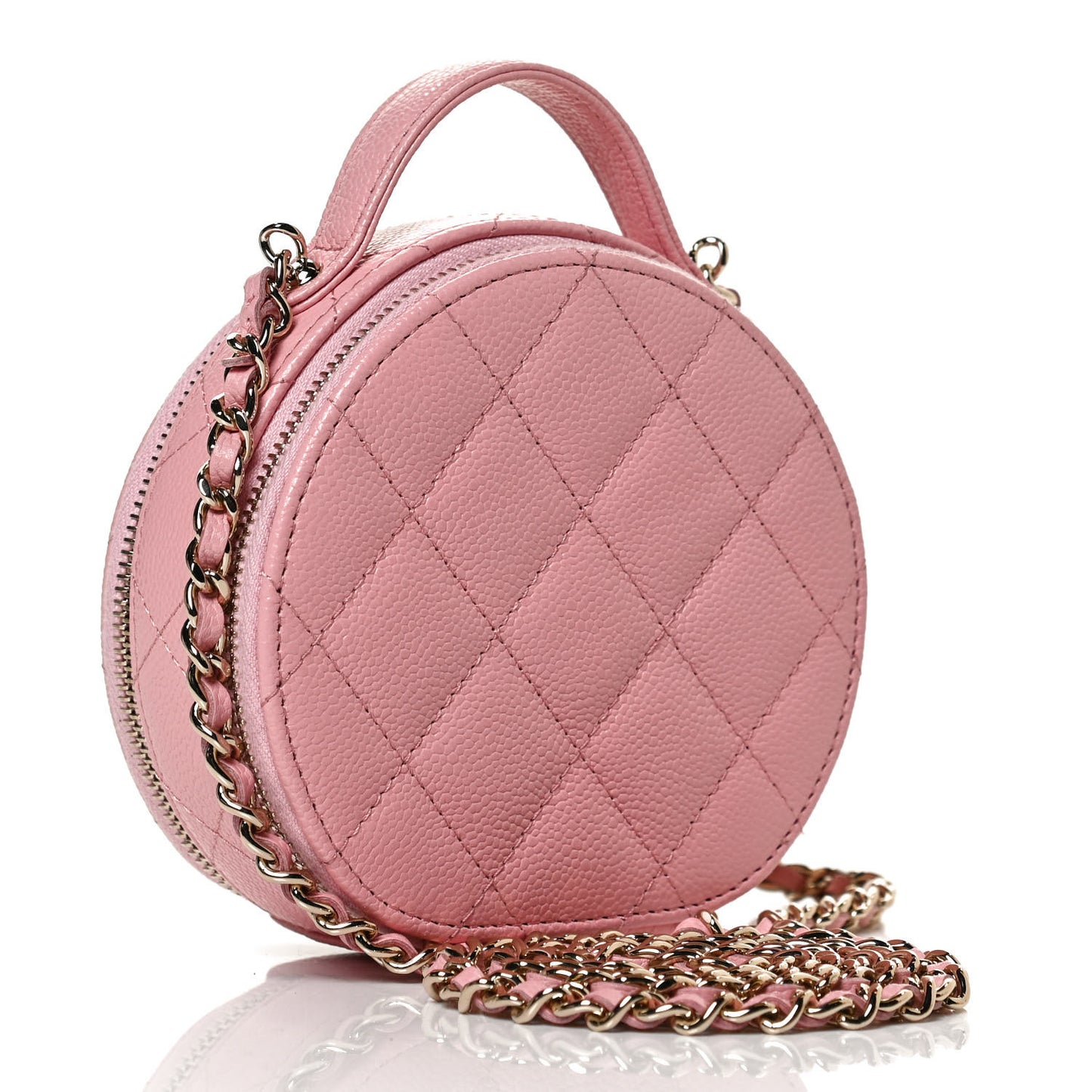 Caviar Quilted Round Handle With Care Vanity With Chain Pink