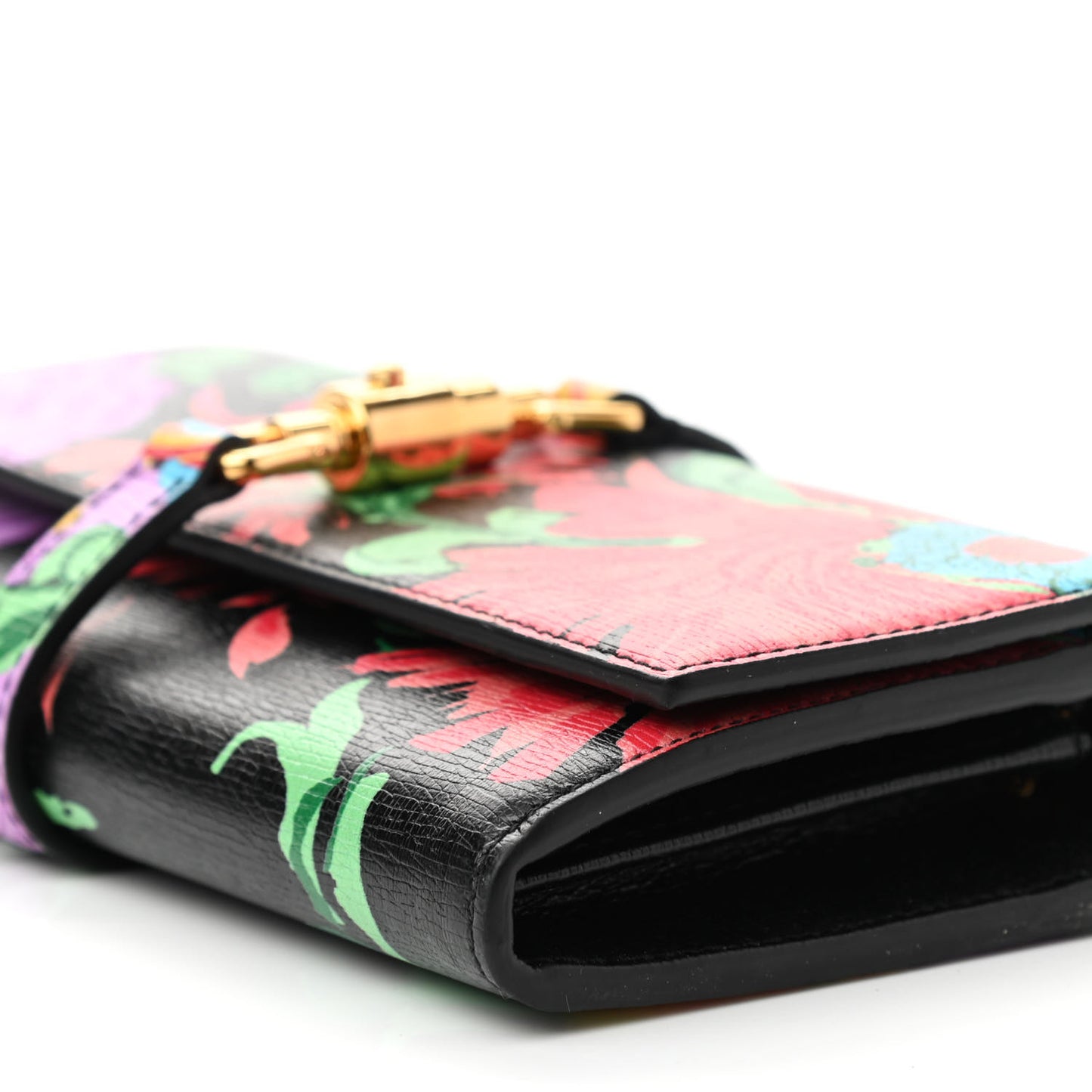 X KEN SCOTT New Shangai Calfskin Jenny Floral Print Jackie 1961 Chain Wallet Black Pink