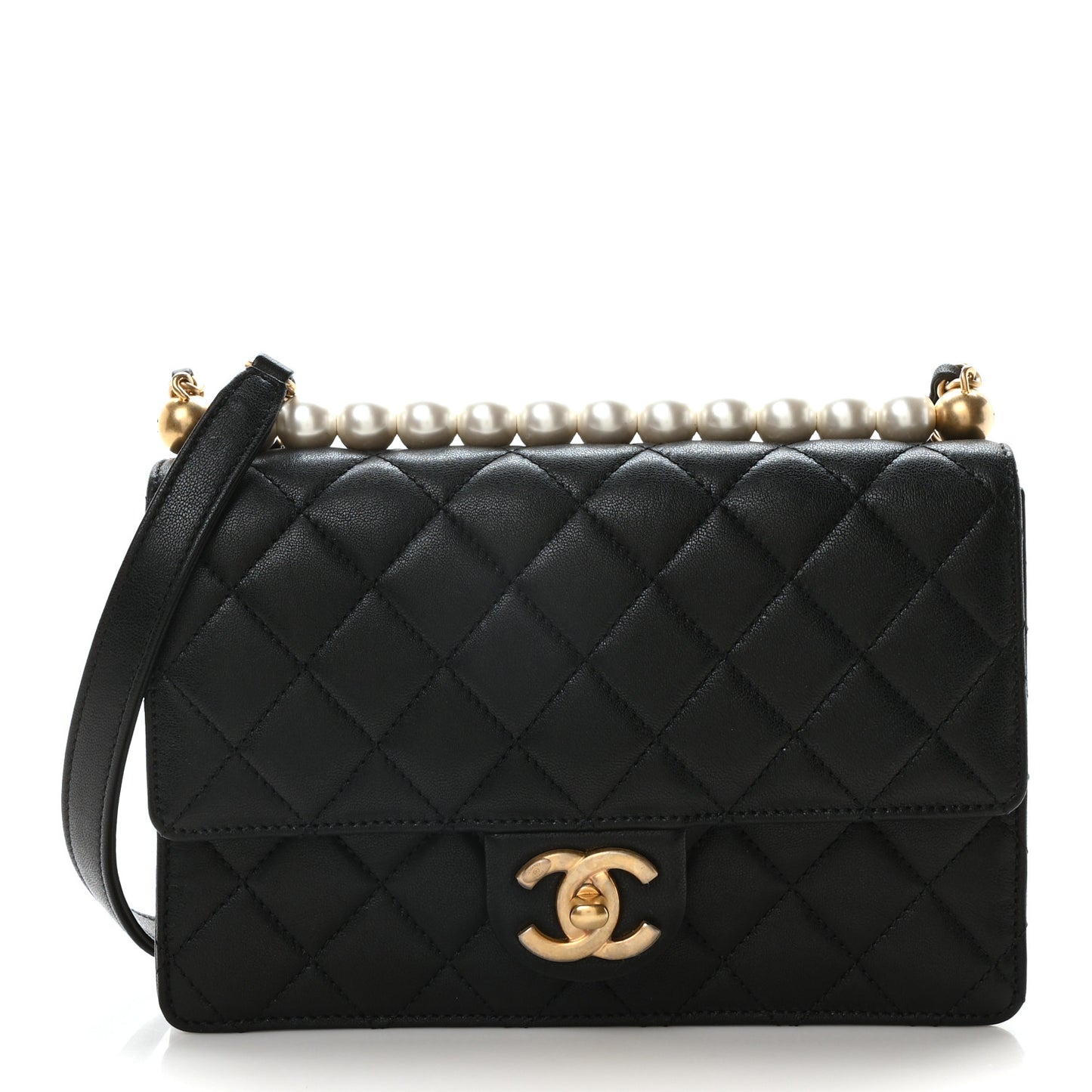 Goatskin Quilted Small Chic Pearls Flap Black