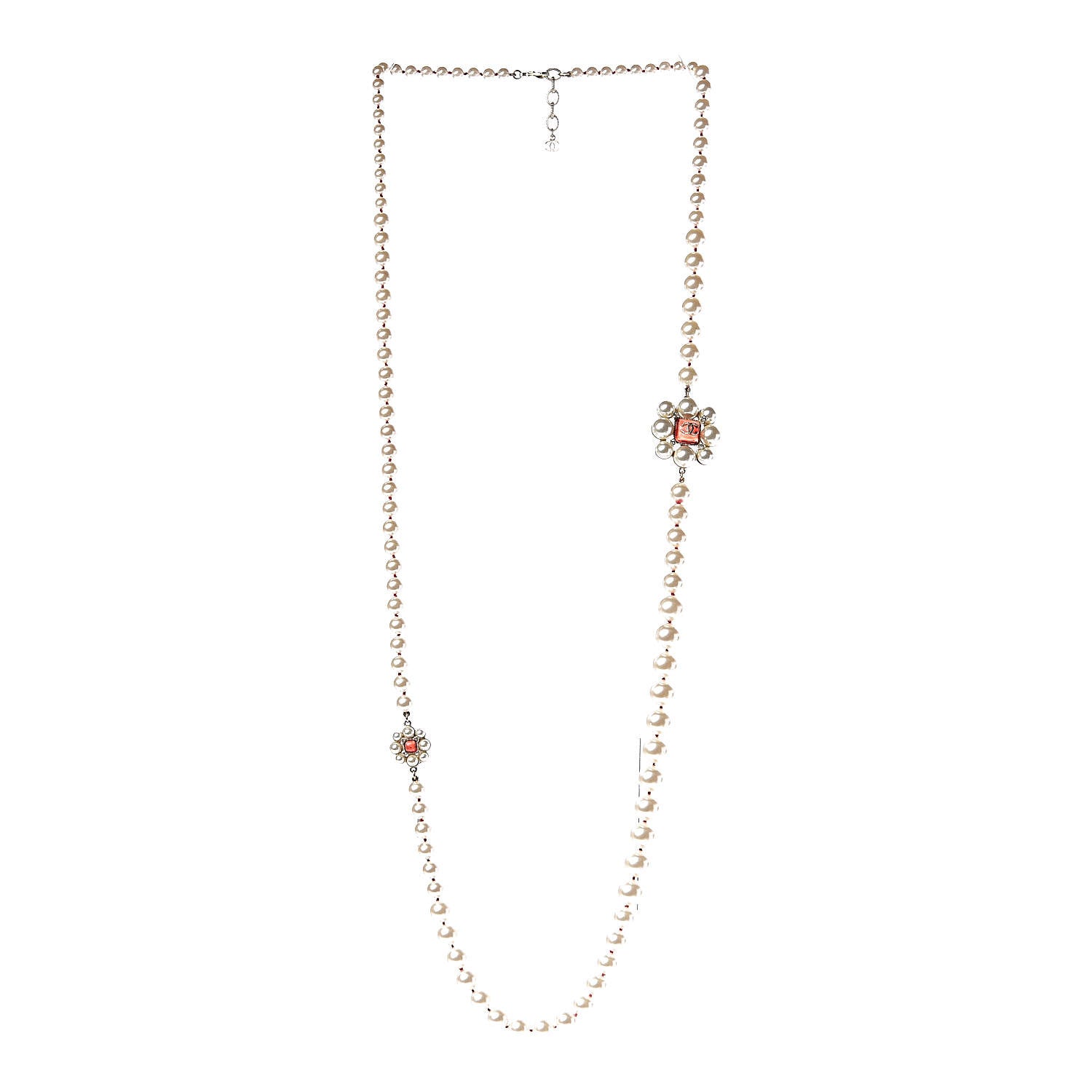 Chanel Pearl Crystal Gripoix CC Long Necklace Gold Pearly White Red 3 of 5