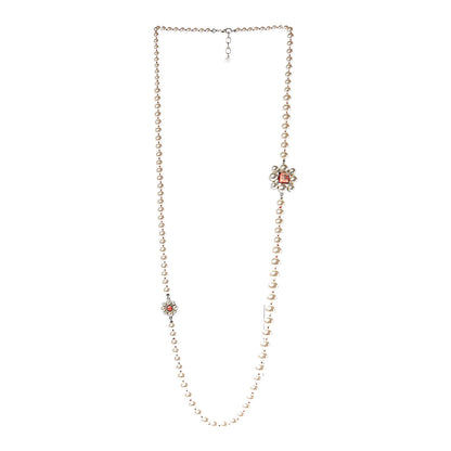 Chanel Pearl Crystal Gripoix CC Long Necklace Gold Pearly White Red 3 of 5