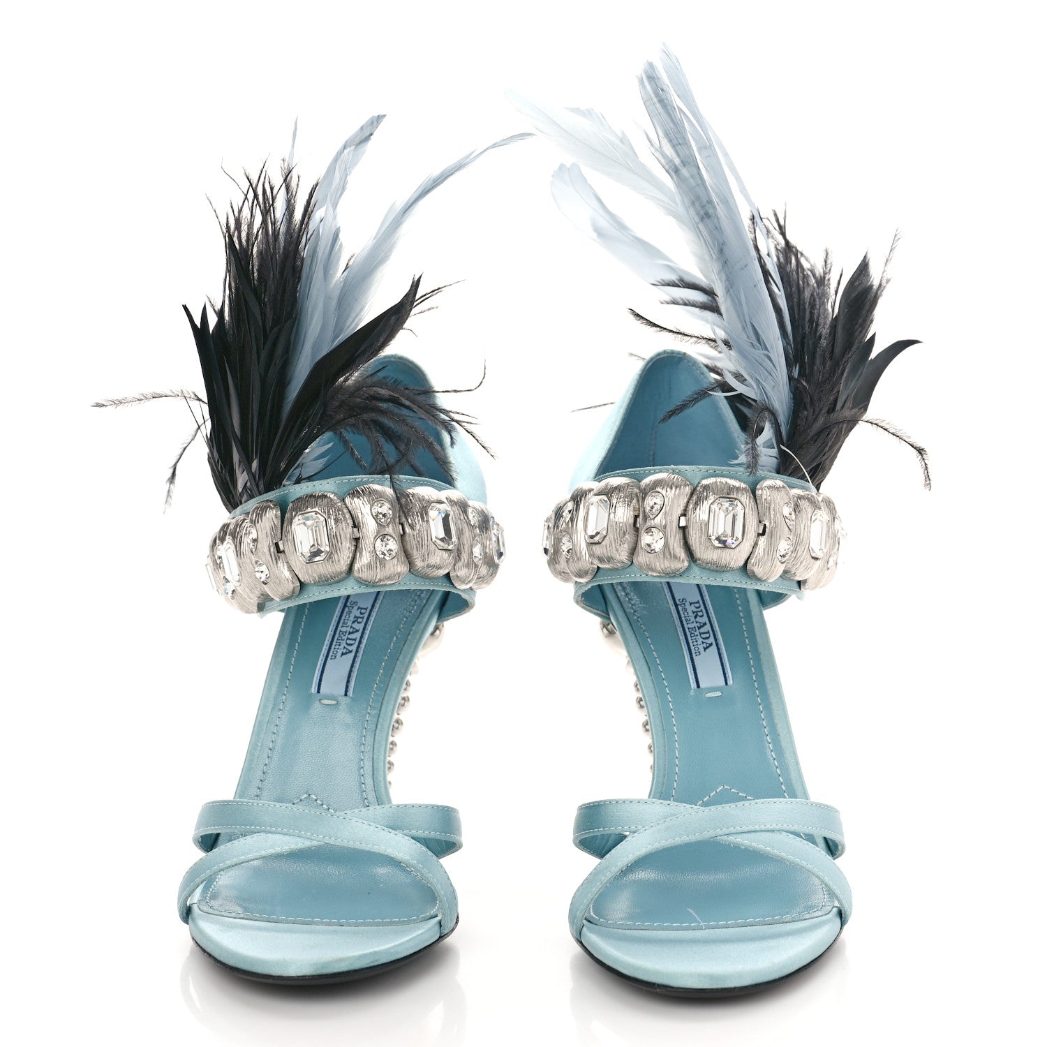 Prada Satin Feather Crystal 110mm Sandals 37 Curacao Argento 2 of 9