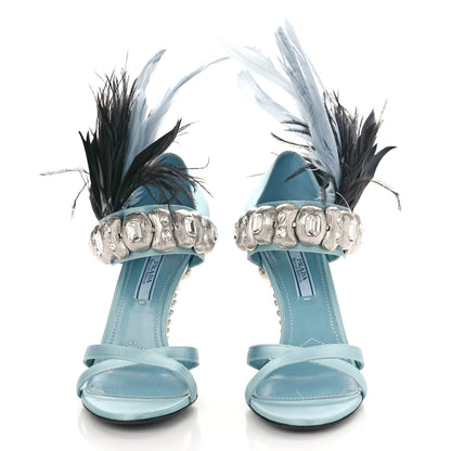Prada Satin Feather Crystal 110mm Sandals 37 Curacao Argento 2 of 9