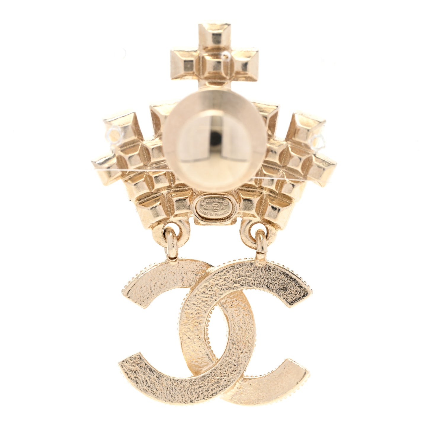 Pearl Crystal CC Crown Brooch Gold