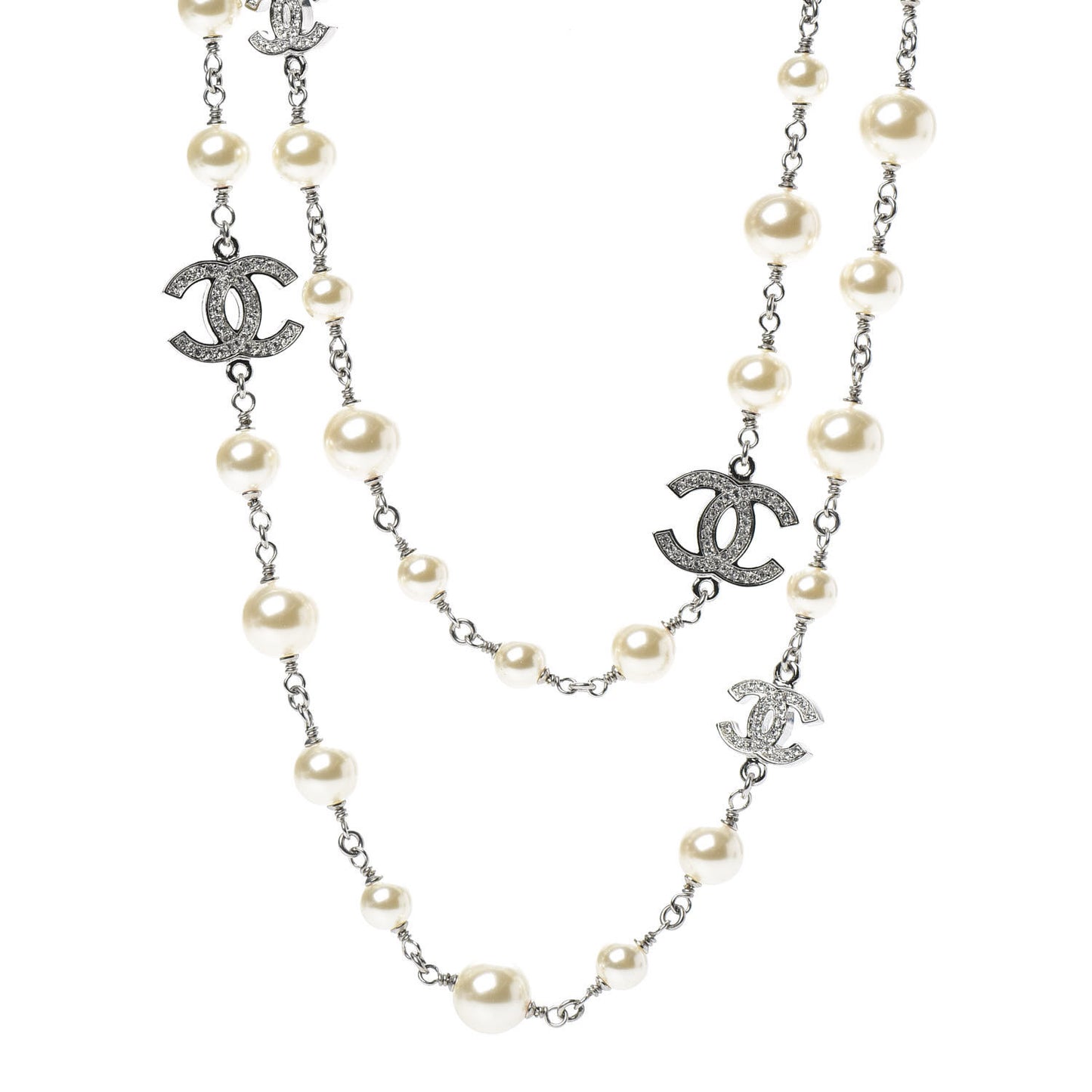 Crystal Pearl CC Long Necklace Silver