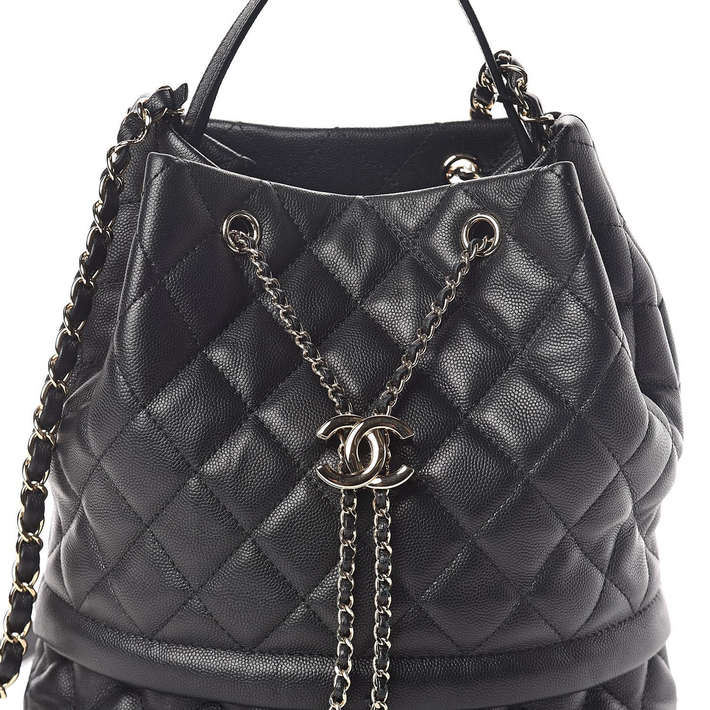 Caviar Quilted Large Rolled Up Bucket Drawstring Bag Black