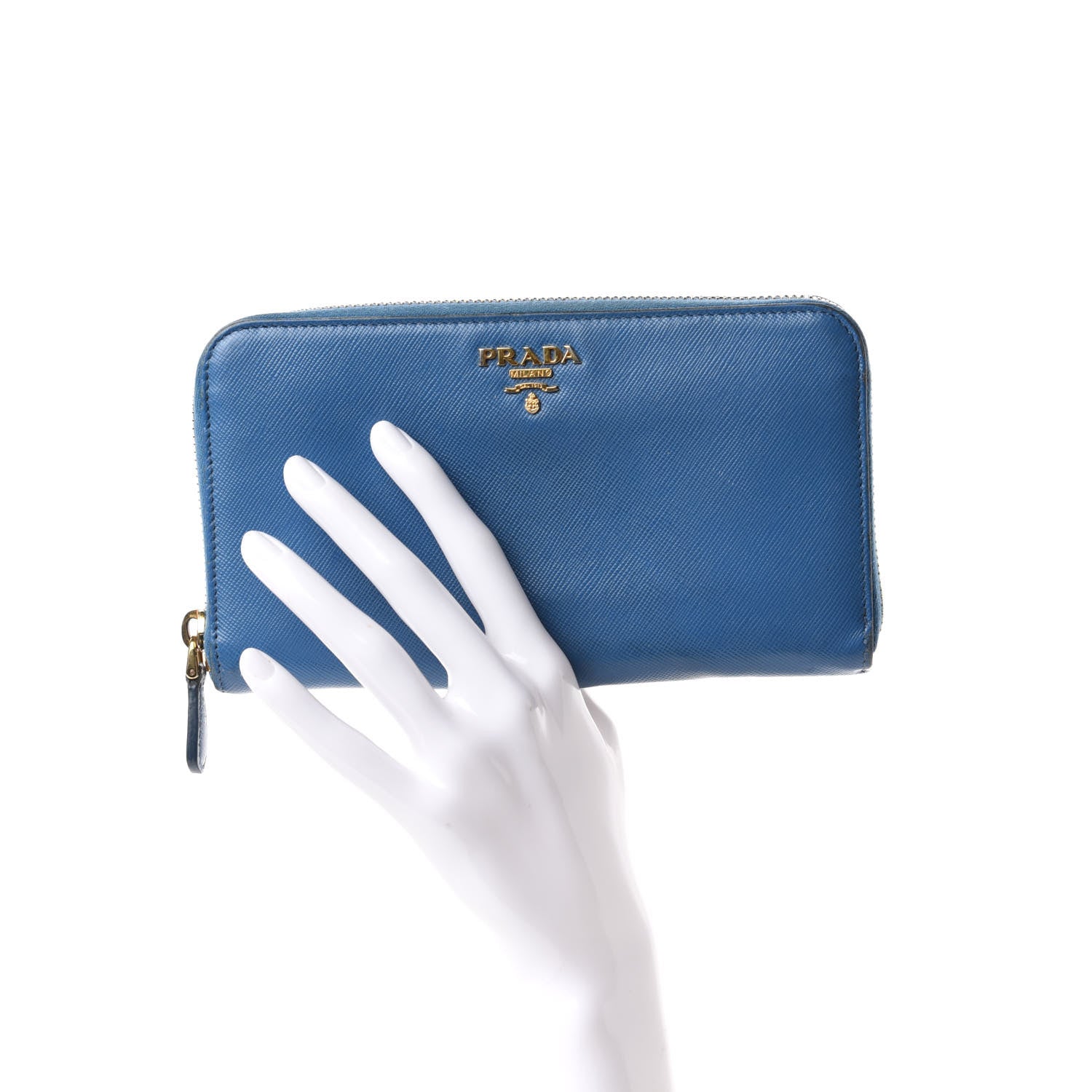 Prada Saffiano Metal Zip Around Wallet Blue 2 of 6