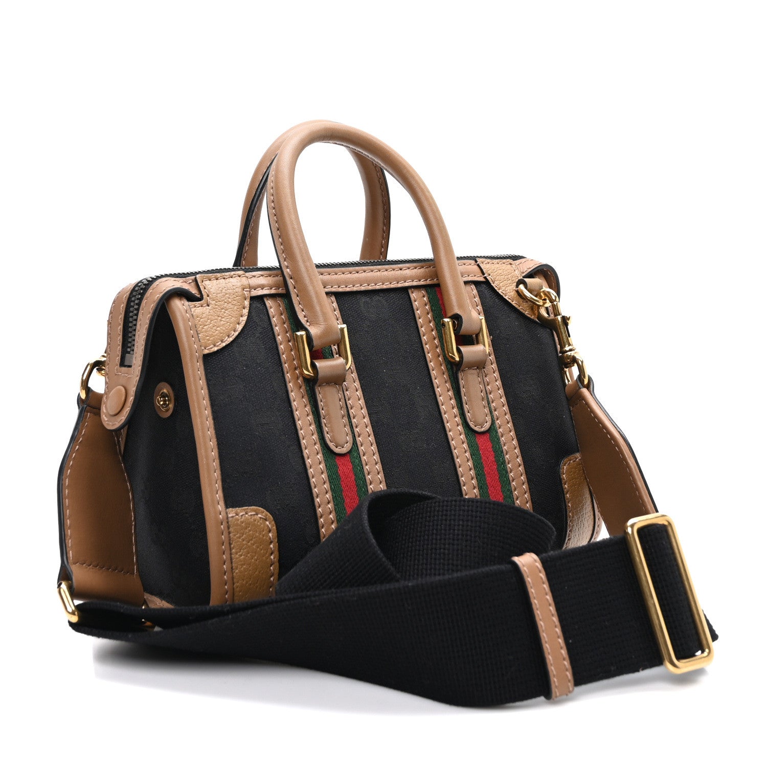 Gucci Monogram Textured Dollar Calfskin Web Mini Bauletto Duffle Top Handle Bag Black Koi Beige 4 of 11