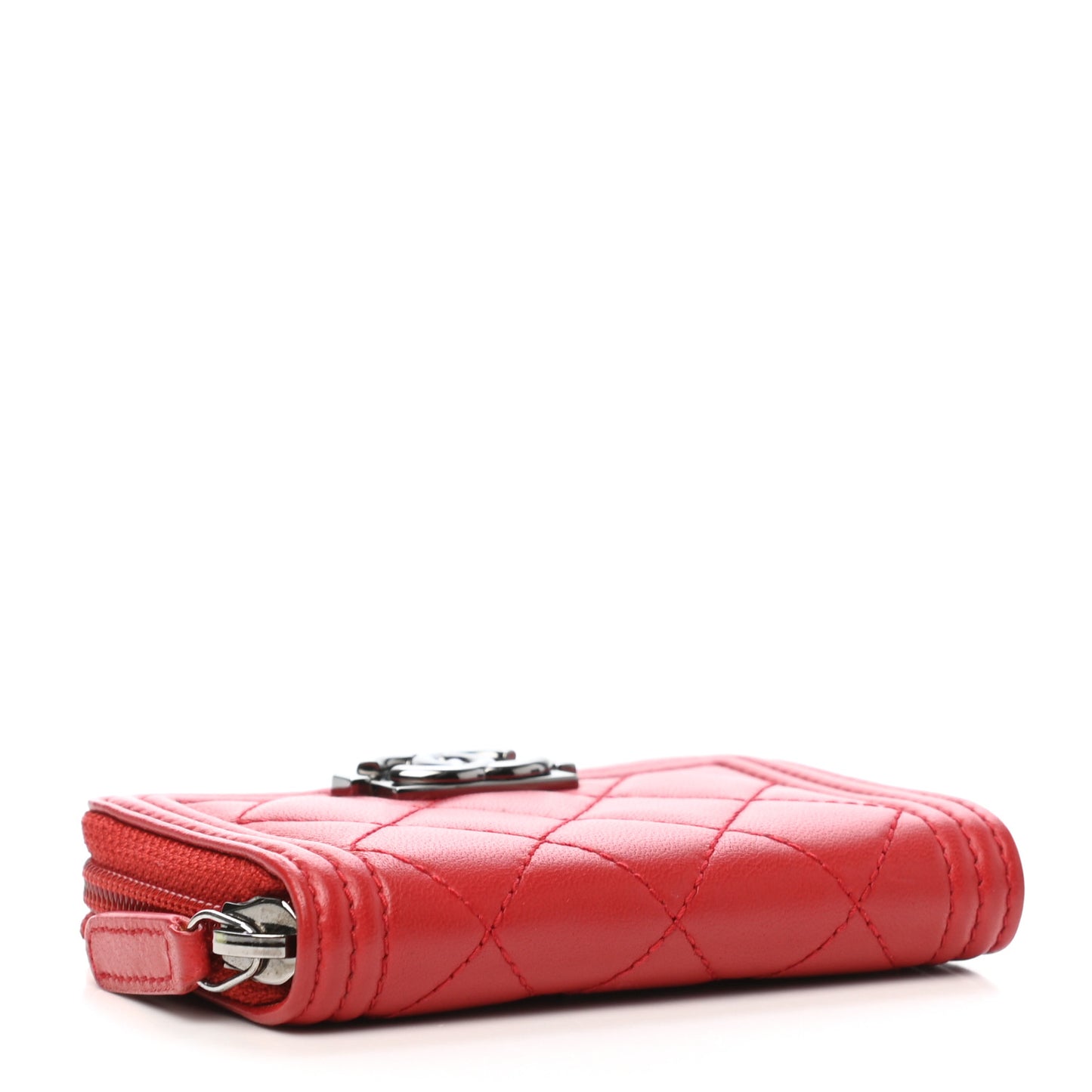 Lambskin Quilted Zip Around Boy Coin Purse Wallet Red