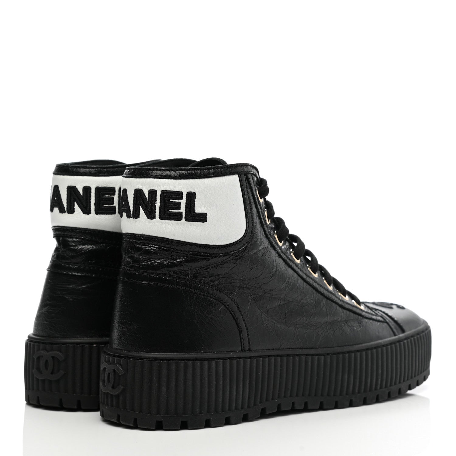 Chanel Aged Calfskin Lace Up Cap Toe Sneakers 36 Black White 4 of 9