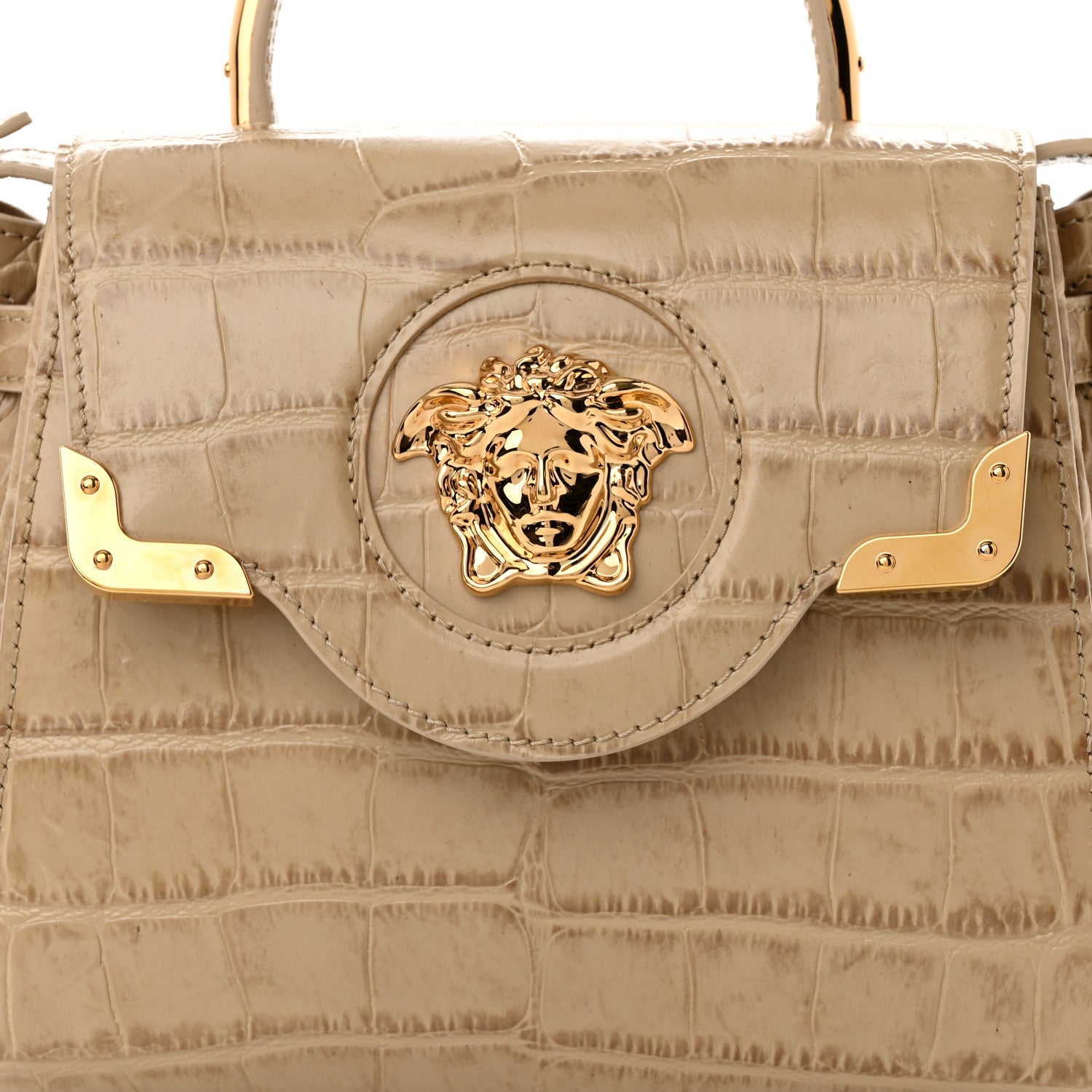 Versace Calfskin Crocodile Embossed Small La Medusa Top Handle Bag Beige 7 of 11