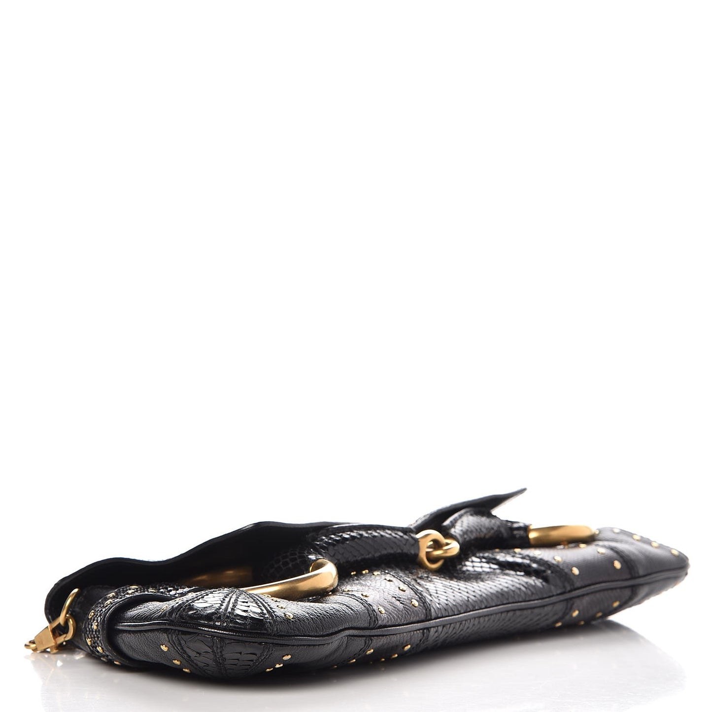 Python Studded Horsebit Chain Clutch Black