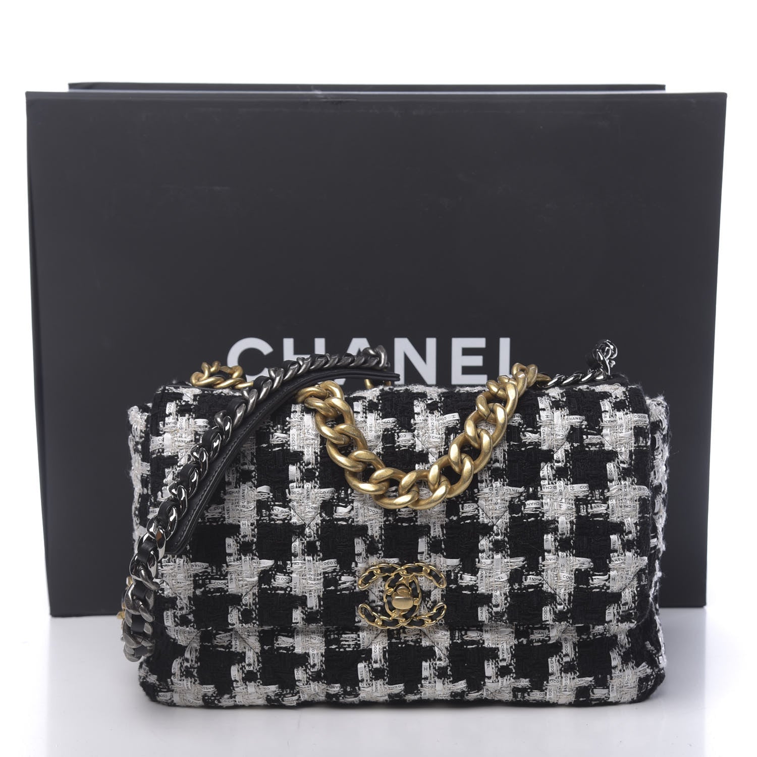 Chanel Tweed Quilted Large Chanel 19 Flap Black Ecru White 11 of 11
