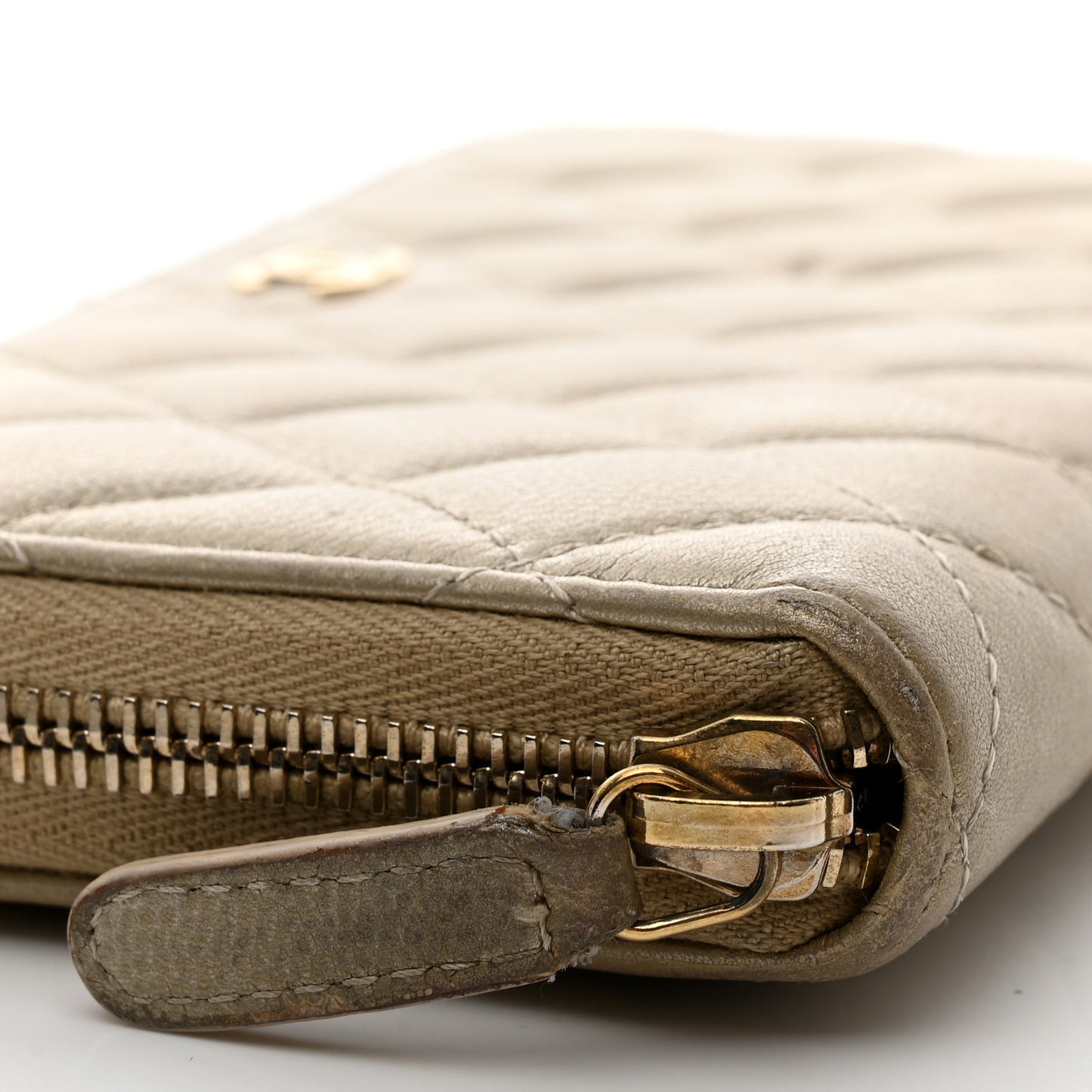 Iridescent Caviar Quilted Large Gusset Zip Around Wallet Beige