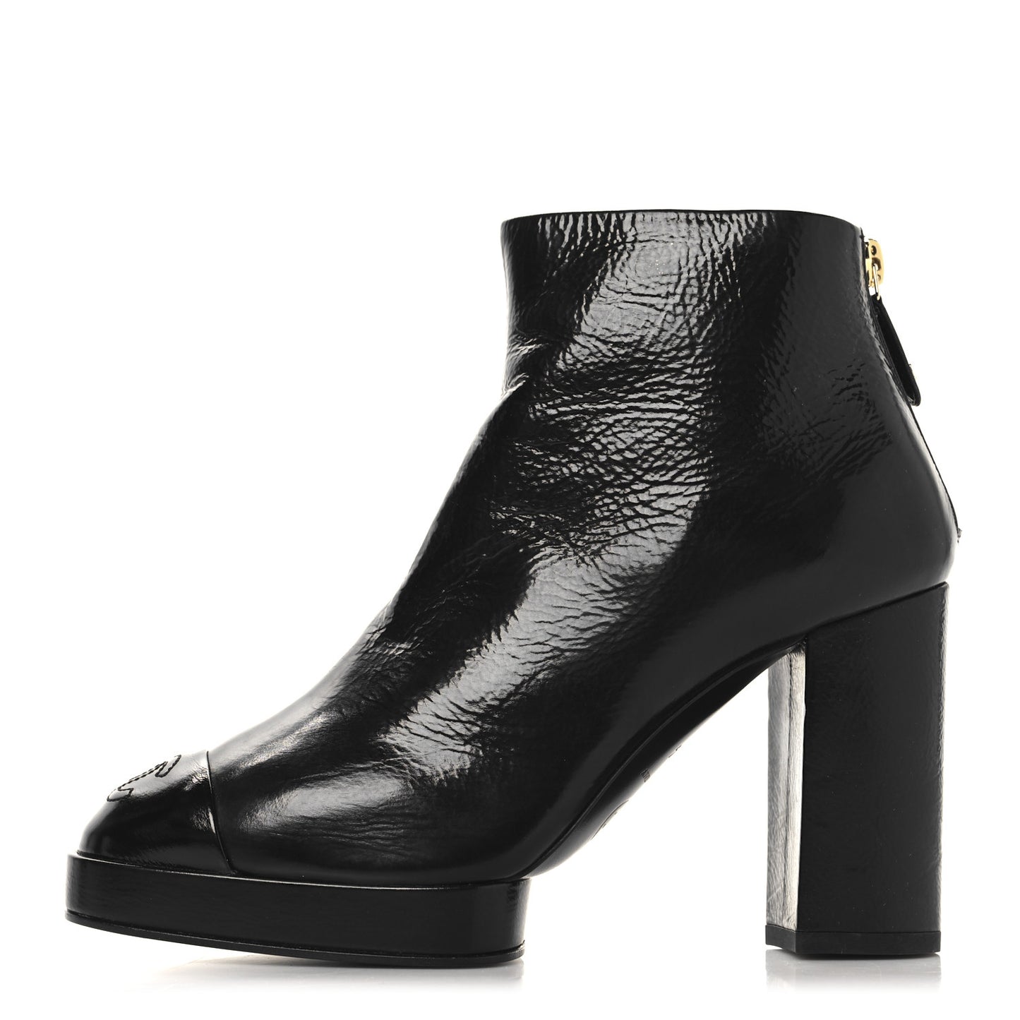 Shiny Crumpled Calfskin CC Cap Toe Ankle Boots 35.5 Black