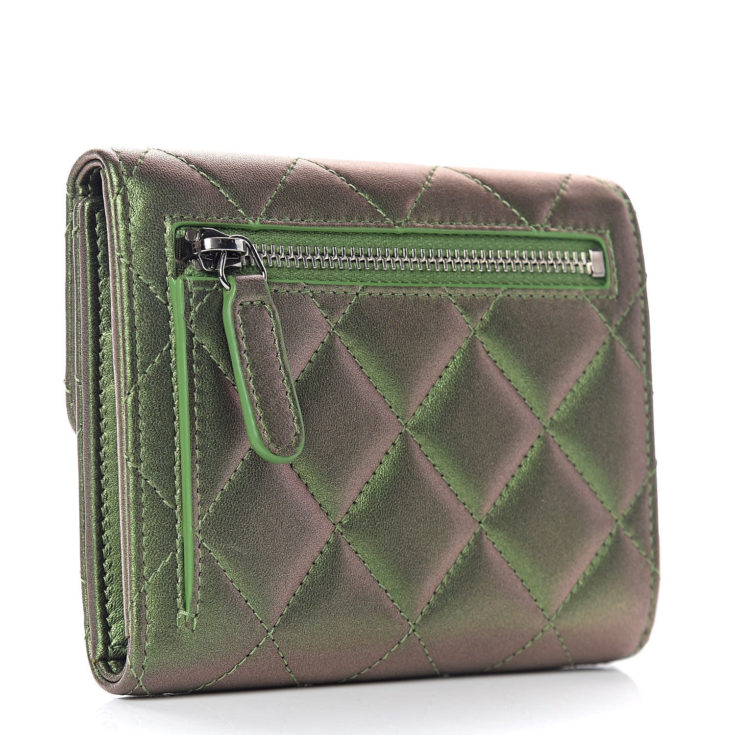 Chanel Iridescent Lambskin Quilted Small Compact Wallet Green 3 of 11